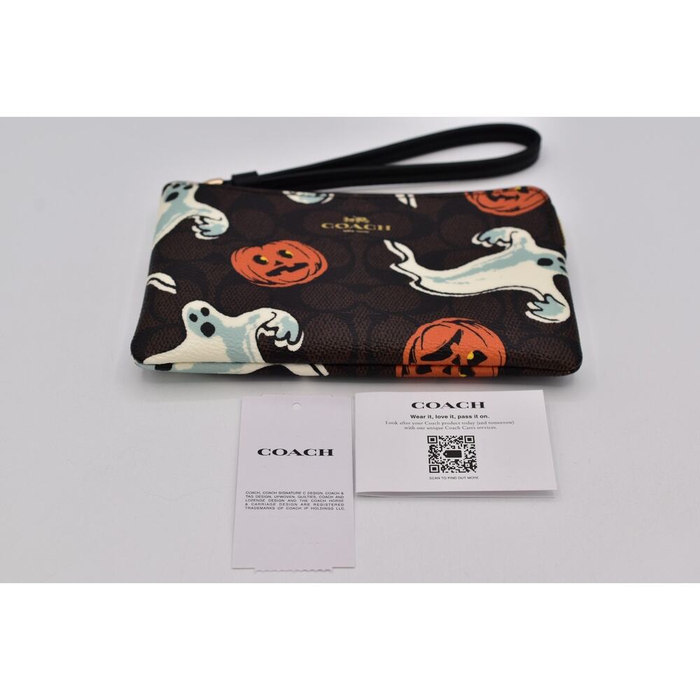 Coach Corner Zip Wristlet In Signature Canvas With Halloween Print Walnut Ghost - Picture 6 of 16